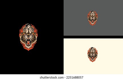 head tiger and flames vector illustration mascot design