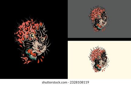 head tiger with flames vector illustration mascot design