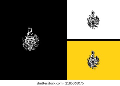 head tiger and flower vector black and white