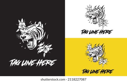 head tiger with flowers vector black and white