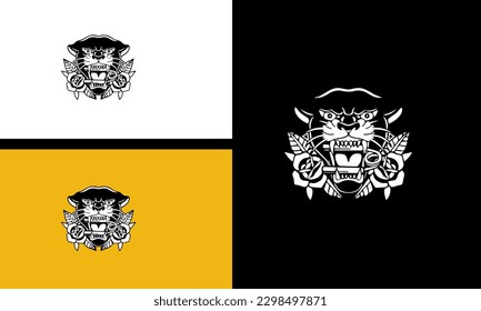 head tiger and flowers vector line art design