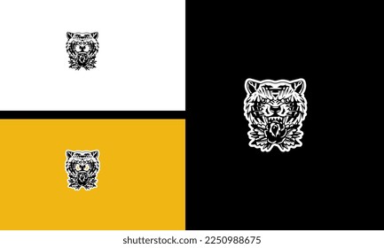 head tiger and flowers vector outline design