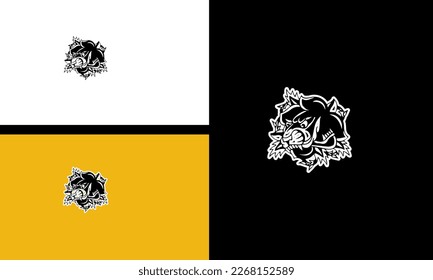 head tiger and flowers vector outline art flat design