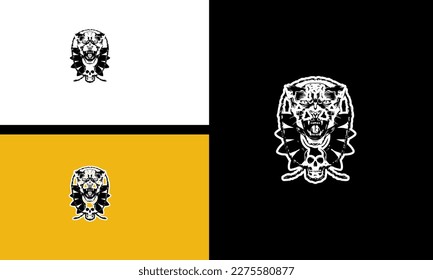 head tiger and flowers vector outline art design