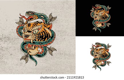 head tiger and green snake vector illustration design