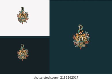 head tiger and green snake vector illustration design