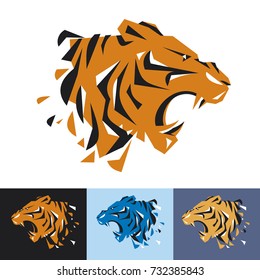 Head of tiger is a logo template for the corporate identity of the company's business, sports club, brand of clothing or equipment. The tiger growls, opened its toothy mouth. Male serious logo.