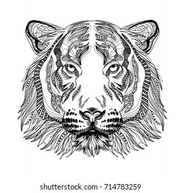 The head of a tiger. Meditation, coloring of the mandala. Head of a tiger with a mustache and stripes. Drawing manually, templates.