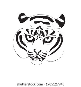 The head of a tiger with a menacing look. Vector stock illustration in doodle style isolated on white background.