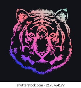 The head of a tiger in multi-colored colors on a black background for printing on t-shirts, clothing, postcards, posters.
