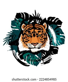 Head of a tiger on a background of tropical leaves. Vector image.