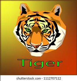 The head of a tiger on a yellow-red background with a green inscription "Tiger"