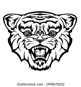 The head of a tiger with an open mouth. Tiger cub. Vector illustration for use as a print, poster, sticker, logo, tattoo, emblem and others.