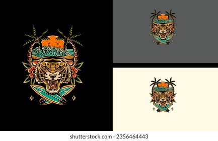 head tiger and palm vector mascot design