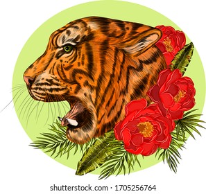 head tiger profile orange black  composition on a green background vector illustration 