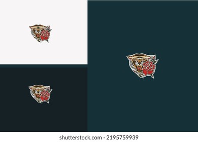 head tiger and red flower vector illustration design