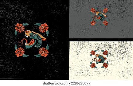 head tiger and red flowers vector mascot design