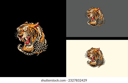 head tiger and red rose flowers vector mascot flat design