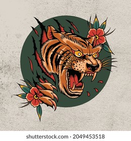 head tiger with red rose tattoo design