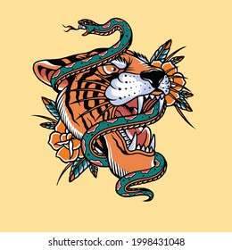 head tiger with snake and red rose artwork design