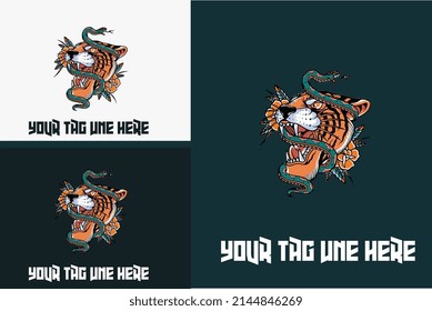 head tiger with snake and red rose artwork design