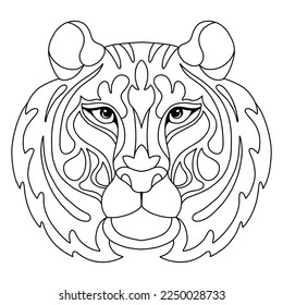 Head of tiger tangle design. Hand drawn doodle vector illustration. Template with simple shapes to create a complex decorative coloring. Animal head front view for coloring page, tattoo, print, puzzle