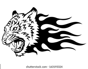 Head of a tiger in tongues of flame in the form of a tattoo. Tiger anger. This is vector illustration ideal for a mascot and tattoo or T-shirt graphic.