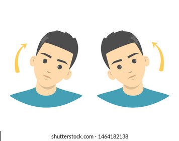 Head tilt exercise for neck stretch. Warm-up exercise, neck twist during break in the office. Isolated vector illustration in cartoon style