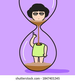 Girl’s Head With Tired Face Is Gradually Falling In Hourglass. Woman Be Trapped In Sandglass With Time Running Out Concept Card Character illustration