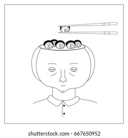 A head of a tired lady filled with fish and avocado rolls, outlined white background