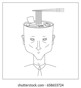 A head of a tired office manager filled with ramen noodle soup, in a frame with a white background