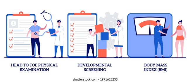 Head to toe physical examination, developmental screening, body mass index concept with tiny people. Health check up vector illustration set. Health issue diagnostics, weight loss program metaphor.