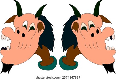 head, toothless, horns. green, brown, grinning