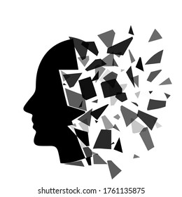 a man’s head is torn into pixel fragments of a mosaic. concept of psychology and business. logo. vector illustration isolated on white background