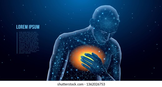 Head and torso of a young man suffering from pain and pressing his arm to his chest. Allegory of health and pain. Tired man with severe chest pain. Low poly concept. Vector illustration
