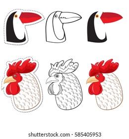 The head of the Toucan and cock flat style, black-and-white version and sticker sticker