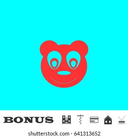 Head of toy bear icon flat. Red pictogram on blue background. Vector illustration symbol and bonus buttons Music center, corkscrew, credit card, house, drum