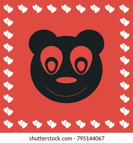 Head of toy bear icon flat. Simple black pictogram on red background with white hearts for valentines day. Vector illustration symbol