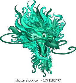 head  traditional Chinese dragon green turquoise blue vector illustration