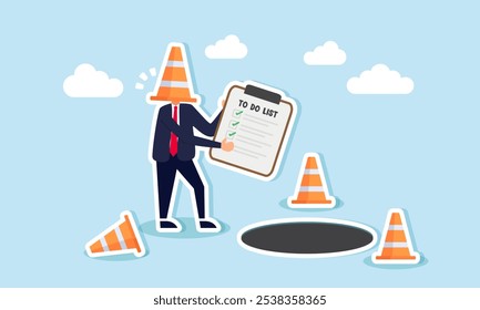 A businessman’s head is trapped in a traffic cone while holding a to-do list near a hole, illustrating how business tasks are at risk of going to waste