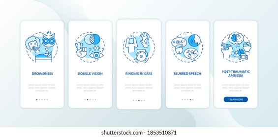 Head trauma blue onboarding mobile app page screen with concepts. Problem after injury. Brain health care walkthrough 5 steps graphic instructions. UI vector template with RGB color illustrations
