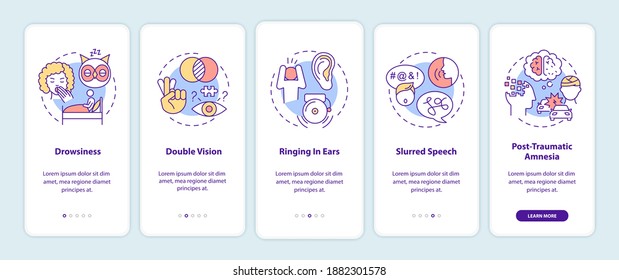 Head trauma onboarding mobile app page screen with concepts. Problem after injury. Brain health care walkthrough 5 steps graphic instructions. UI vector template with RGB color illustrations