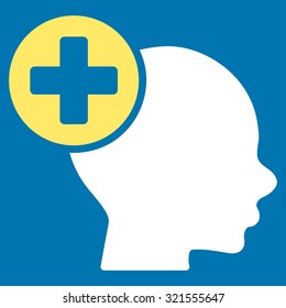 Head Treatment vector icon. Style is bicolor flat symbol, yellow and white colors, rounded angles, blue background.
