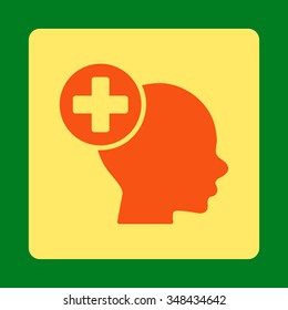 Head Treatment vector icon. Style is flat rounded square button, orange and yellow colors, green background.