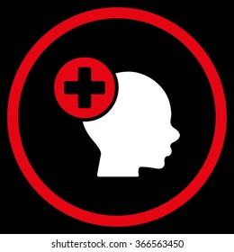 Head Treatment vector icon. Style is bicolor flat circled symbol, red and white colors, rounded angles, black background.