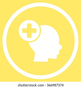 Head Treatment vector icon. Style is flat circled symbol, white color, rounded angles, yellow background.