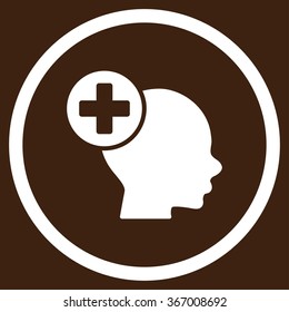 Head Treatment vector icon. Style is flat circled symbol, white color, rounded angles, brown background.