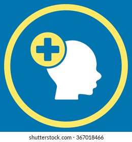 Head Treatment vector icon. Style is bicolor flat circled symbol, yellow and white colors, rounded angles, blue background.
