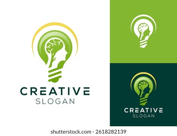 Head with tree as brain inside light bulb logo design for intelligence and education