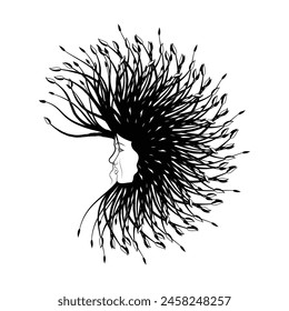 Head of a tree fairy. Witch of grass. Stylized floral ornament.  Ethnic tribal tattoo. Grunge style. Vector illustration. Black and white graphic style decorative element.